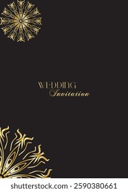 Mandala invitation card. Gold decorative element. Picture for coloring. Abstract circular ornament with stylized leaves