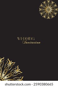 Mandala invitation card. Gold decorative element. Picture for coloring. Abstract circular ornament with stylized leaves