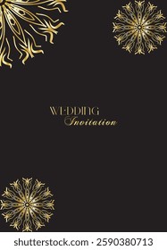 Mandala invitation card. Gold decorative element. Picture for coloring. Abstract circular ornament with stylized leaves