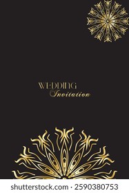 Mandala invitation card. Gold decorative element. Picture for coloring. Abstract circular ornament with stylized leaves