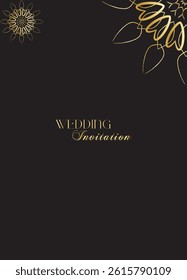 Mandala invitation card. Gold decorative element. Picture for coloring. Abstract circular ornament with stylized leaves