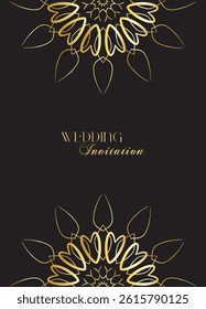 Mandala invitation card. Gold decorative element. Picture for coloring. Abstract circular ornament with stylized leaves