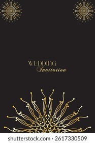 Mandala invitation card. Gold decorative element. Picture for coloring. Abstract circular ornament with stylized leaves