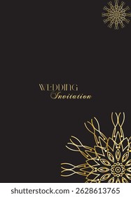 Mandala invitation card. Gold decorative element. Picture for coloring. Abstract circular ornament with stylized leaves