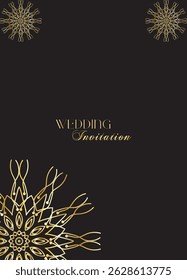 Mandala invitation card. Gold decorative element. Picture for coloring. Abstract circular ornament with stylized leaves