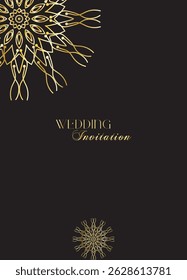 Mandala invitation card. Gold decorative element. Picture for coloring. Abstract circular ornament with stylized leaves