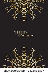 Mandala invitation card. Gold decorative element. Picture for coloring. Abstract circular ornament with stylized leaves