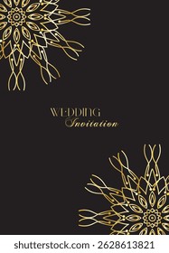 Mandala invitation card. Gold decorative element. Picture for coloring. Abstract circular ornament with stylized leaves