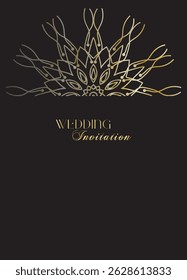 Mandala invitation card. Gold decorative element. Picture for coloring. Abstract circular ornament with stylized leaves