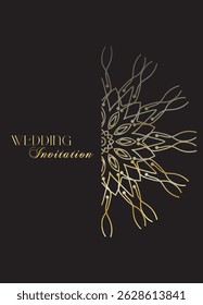 Mandala invitation card. Gold decorative element. Picture for coloring. Abstract circular ornament with stylized leaves