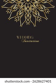 Mandala invitation card. Gold decorative element. Picture for coloring. Abstract circular ornament with stylized leaves
