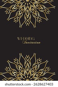 Mandala invitation card. Gold decorative element. Picture for coloring. Abstract circular ornament with stylized leaves