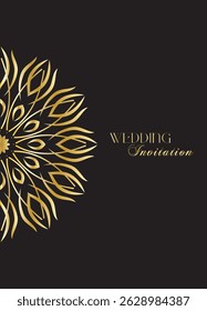 Mandala invitation card. Gold decorative element. Picture for coloring. Abstract circular ornament with stylized leaves