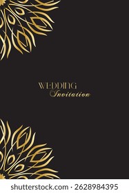 Mandala invitation card. Gold decorative element. Picture for coloring. Abstract circular ornament with stylized leaves