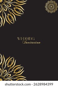 Mandala invitation card. Gold decorative element. Picture for coloring. Abstract circular ornament with stylized leaves