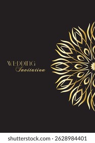 Mandala invitation card. Gold decorative element. Picture for coloring. Abstract circular ornament with stylized leaves