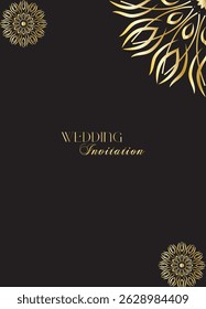 Mandala invitation card. Gold decorative element. Picture for coloring. Abstract circular ornament with stylized leaves