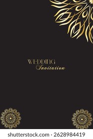Mandala invitation card. Gold decorative element. Picture for coloring. Abstract circular ornament with stylized leaves