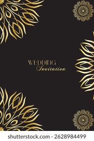 Mandala invitation card. Gold decorative element. Picture for coloring. Abstract circular ornament with stylized leaves