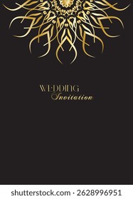 Mandala invitation card. Gold decorative element. Picture for coloring. Abstract circular ornament with stylized leaves