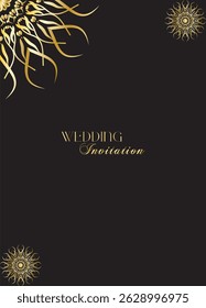 Mandala invitation card. Gold decorative element. Picture for coloring. Abstract circular ornament with stylized leaves