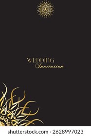 Mandala invitation card. Gold decorative element. Picture for coloring. Abstract circular ornament with stylized leaves
