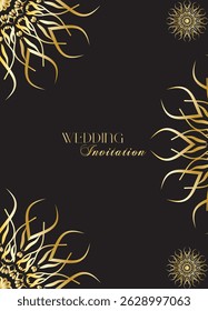 Mandala invitation card. Gold decorative element. Picture for coloring. Abstract circular ornament with stylized leaves
