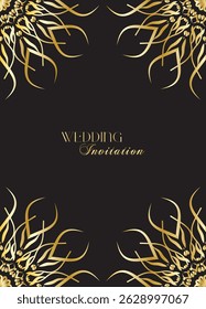 Mandala invitation card. Gold decorative element. Picture for coloring. Abstract circular ornament with stylized leaves