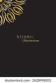 Mandala invitation card. Gold decorative element. Picture for coloring. Abstract circular ornament with stylized leaves