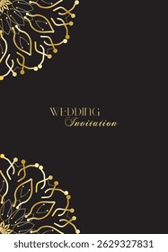 Mandala invitation card. Gold decorative element. Picture for coloring. Abstract circular ornament with stylized leaves