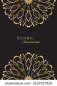 Mandala invitation card. Gold decorative element. Picture for coloring. Abstract circular ornament with stylized leaves