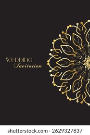 Mandala invitation card. Gold decorative element. Picture for coloring. Abstract circular ornament with stylized leaves