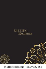 Mandala invitation card. Gold decorative element. Picture for coloring. Abstract circular ornament with stylized leaves
