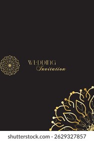 Mandala invitation card. Gold decorative element. Picture for coloring. Abstract circular ornament with stylized leaves