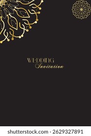 Mandala invitation card. Gold decorative element. Picture for coloring. Abstract circular ornament with stylized leaves