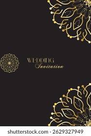 Mandala invitation card. Gold decorative element. Picture for coloring. Abstract circular ornament with stylized leaves