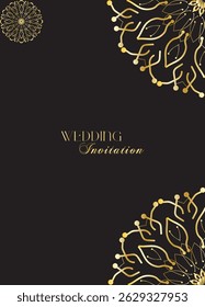 Mandala invitation card. Gold decorative element. Picture for coloring. Abstract circular ornament with stylized leaves