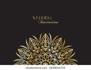 Mandala invitation card. Gold decorative element. Picture for coloring. Abstract circular ornament with stylized leaves