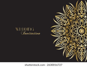 Mandala invitation card. Gold decorative element. Picture for coloring. Abstract circular ornament with stylized leaves