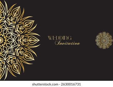 Mandala invitation card. Gold decorative element. Picture for coloring. Abstract circular ornament with stylized leaves