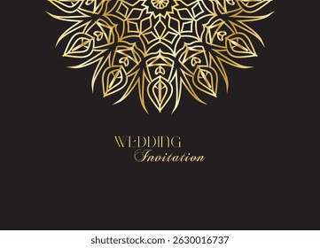 Mandala invitation card. Gold decorative element. Picture for coloring. Abstract circular ornament with stylized leaves