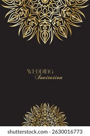 Mandala invitation card. Gold decorative element. Picture for coloring. Abstract circular ornament with stylized leaves