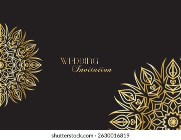 Mandala invitation card. Gold decorative element. Picture for coloring. Abstract circular ornament with stylized leaves