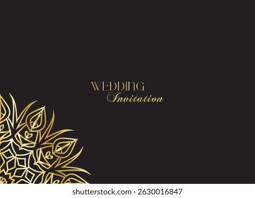 Mandala invitation card. Gold decorative element. Picture for coloring. Abstract circular ornament with stylized leaves