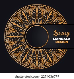 Mandala, islamischer Hintergrund, luxuriöses Design. Ein schwarzer Hintergrund mit einem goldenen Muster, auf dem "islamischer Mandala-Hintergrund" steht.