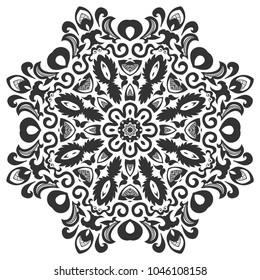 Mandala isolated design element, floral pattern. Stylized geometric round ornament. Hand drawn monochrome art for textile fabric or paper print. Black and white vector illustration
