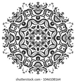 Mandala isolated design element, floral pattern. Stylized geometric round ornament. Hand drawn monochrome art for textile fabric or paper print. Black and white vector illustration