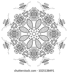 Mandala isolated design element, geometric line pattern. Stylized floral round ornament. Zen doodle art, monochrome sketch for coloring book page, textile fabric print. Black and white illustration