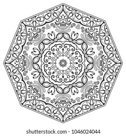 Mandala isolated design element, geometric line pattern. Stylized floral round ornament. Zen doodle art, monochrome sketch for coloring book page, textile fabric print. Black and white illustration