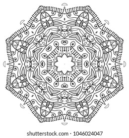 Mandala isolated design element, geometric line pattern. Stylized floral round ornament. Zen doodle art, monochrome sketch for coloring book page, textile fabric print. Black and white illustration